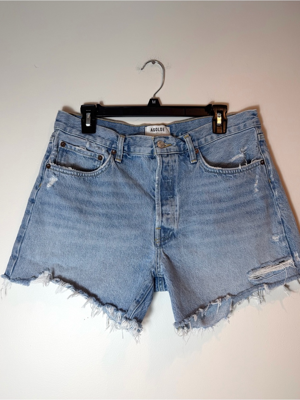AGOLDE Parker Long Distressed Denim Shorts Light Wash Size 30